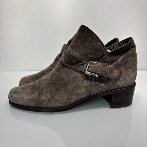 Stuart Weitzman Gray Tan Suede Buckle Strap Accent Desert Booties Size 8 - Picture 10 of 11
